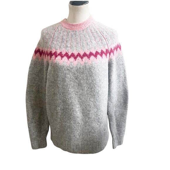 Jason Wu Women’s Fair Isle Sweater Wool Sz Small Gray Pink Oversized Crew Neck - Picture 1 of 12
